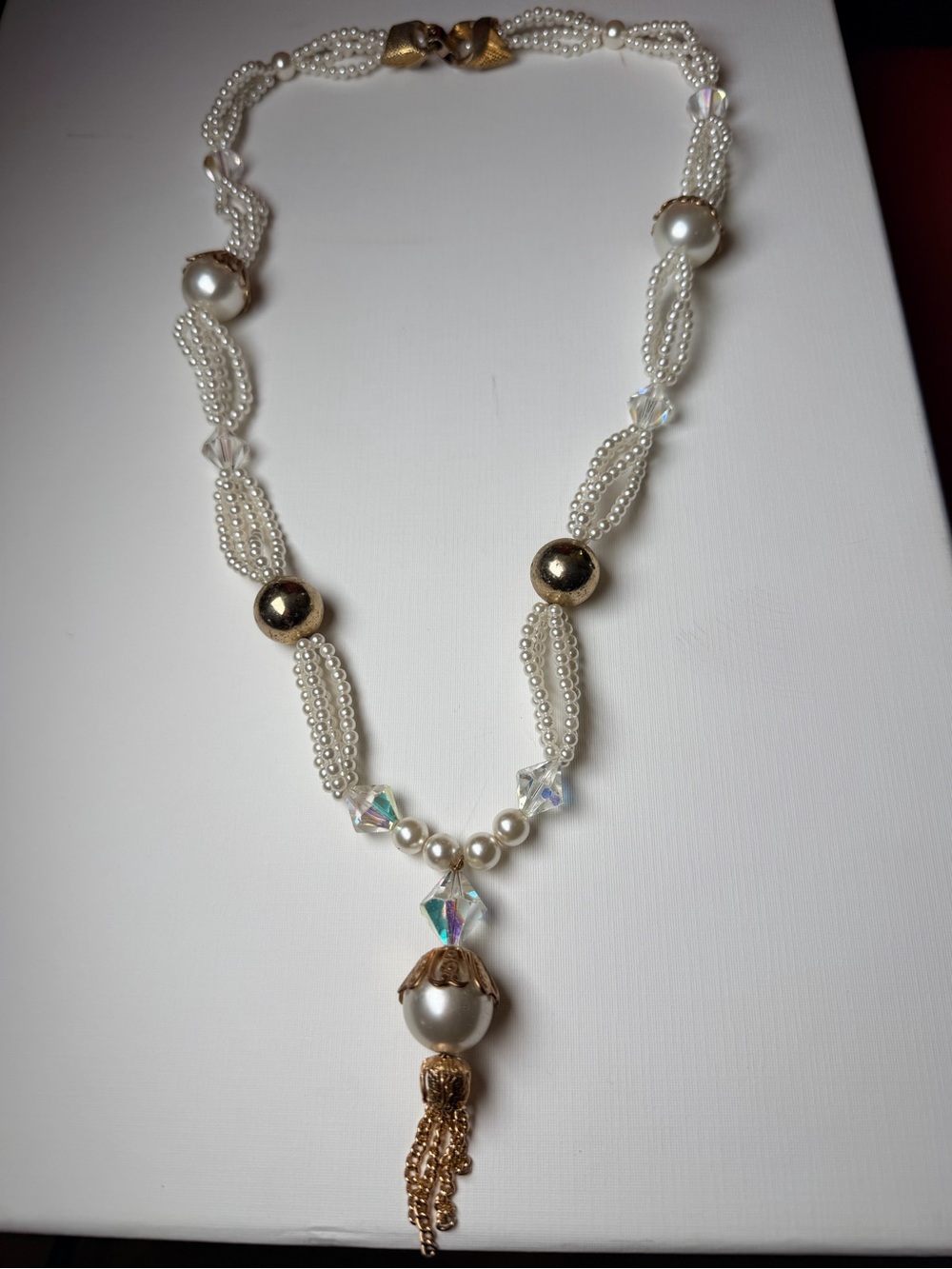 VINTAGE signed CORO faux pearl and crystal tassel necklace